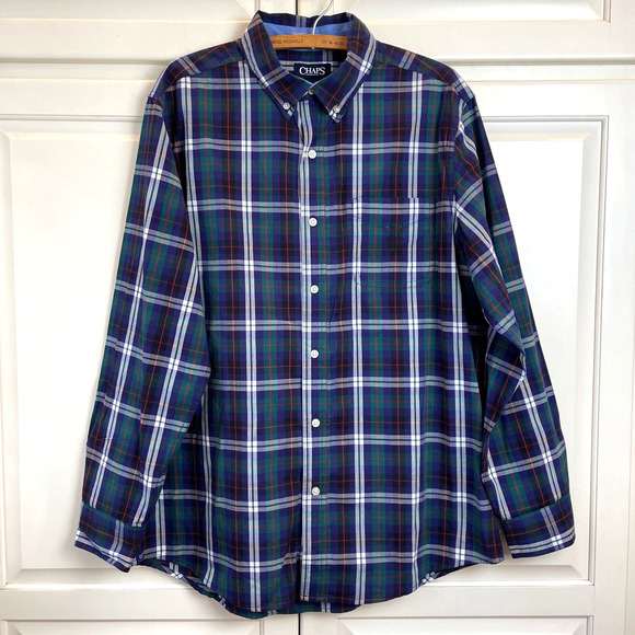 NEW Chaps Mens Shirt Green Navy Plaid Sz L Long Sleeve Button Down Easy Care - Picture 9 of 9